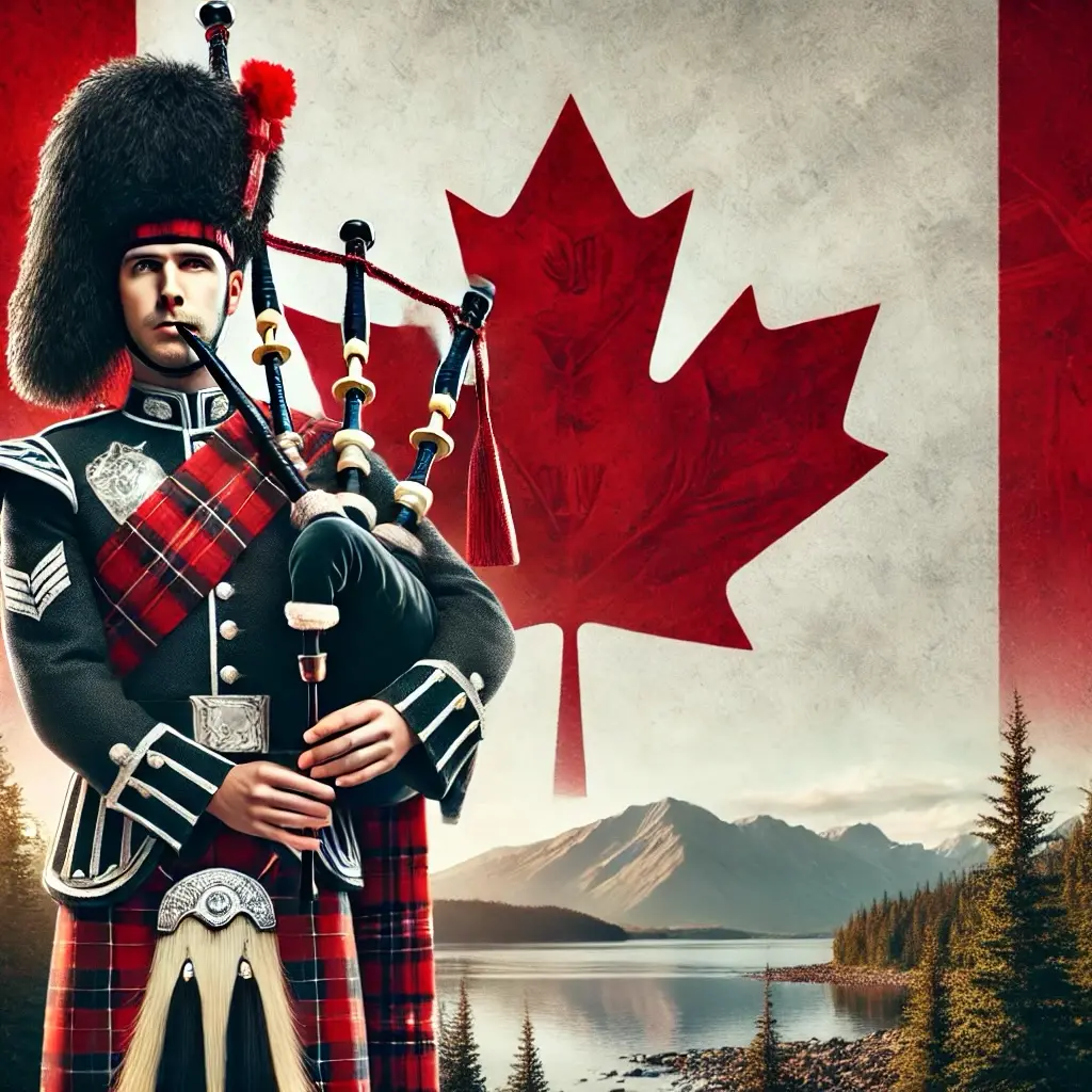 Canadian bagpiper with a maple leaf and mountain landscape